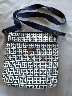 Tommy Hilfiger Navy and White Logo Canvas Crossbody Messenger